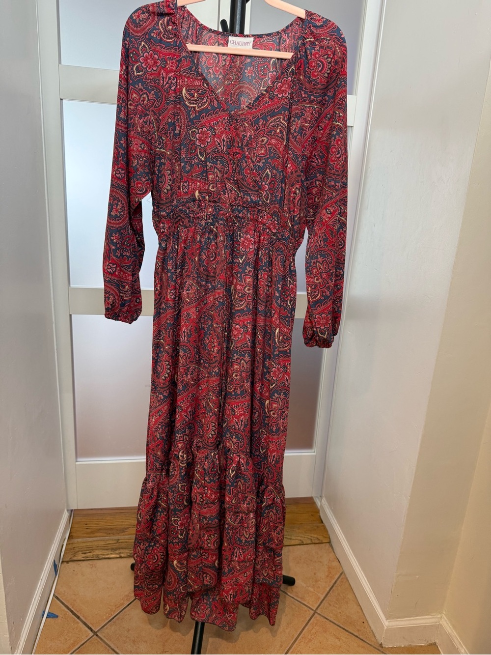 Chaudry Red Paisley Long Sleeve Maxi Boho Dress, XLP